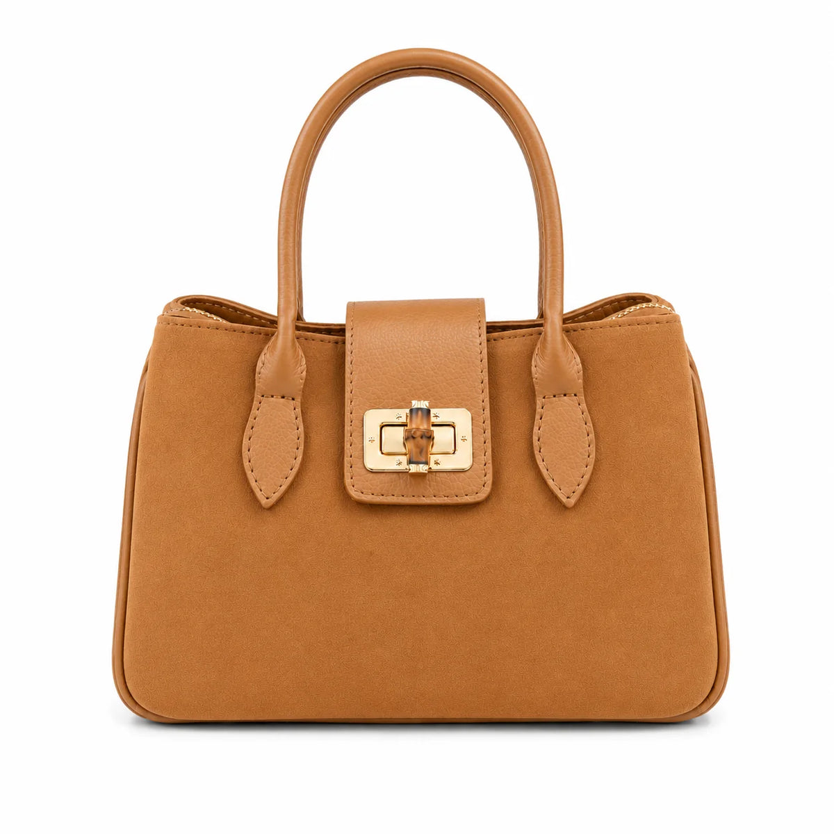 Camel suede satchel with smooth leather trim, double top handles, and a gold-tone turn-lock closure on the front flap.