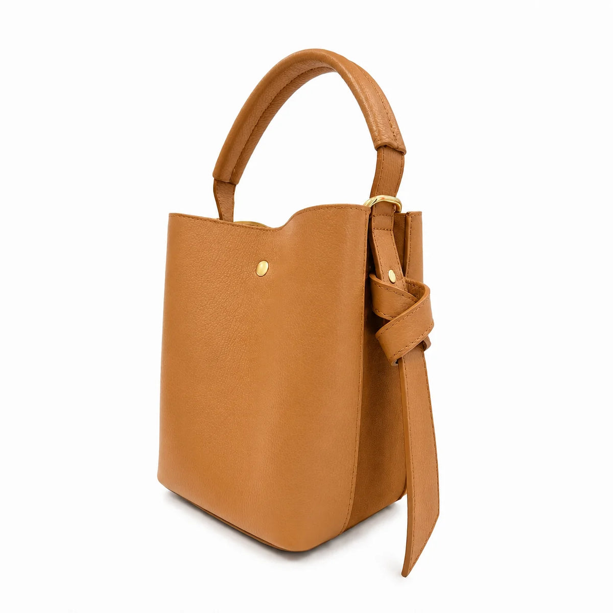 Camel leather bucket bag with a single rounded top handle, a knotted side strap, and gold-tone hardware, shown at an angle.
