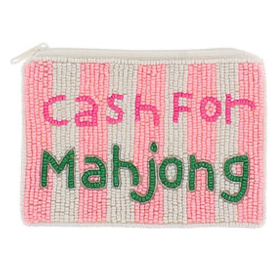 A rectangular zippered pouch decorated with pink and white vertical stripes, featuring the words 'cash For Mahjong' in pink and green lettering, on a plain white background.