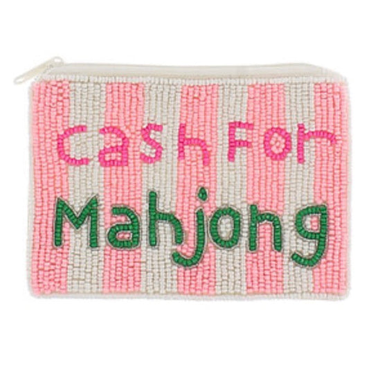 A rectangular zippered pouch decorated with pink and white vertical stripes, featuring the words 'cash For Mahjong' in pink and green lettering, on a plain white background.