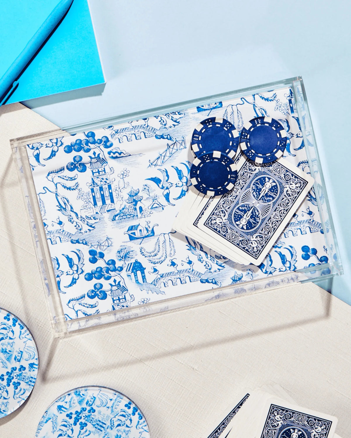 Close-up of the chinoiserie print acrylic tray pattern