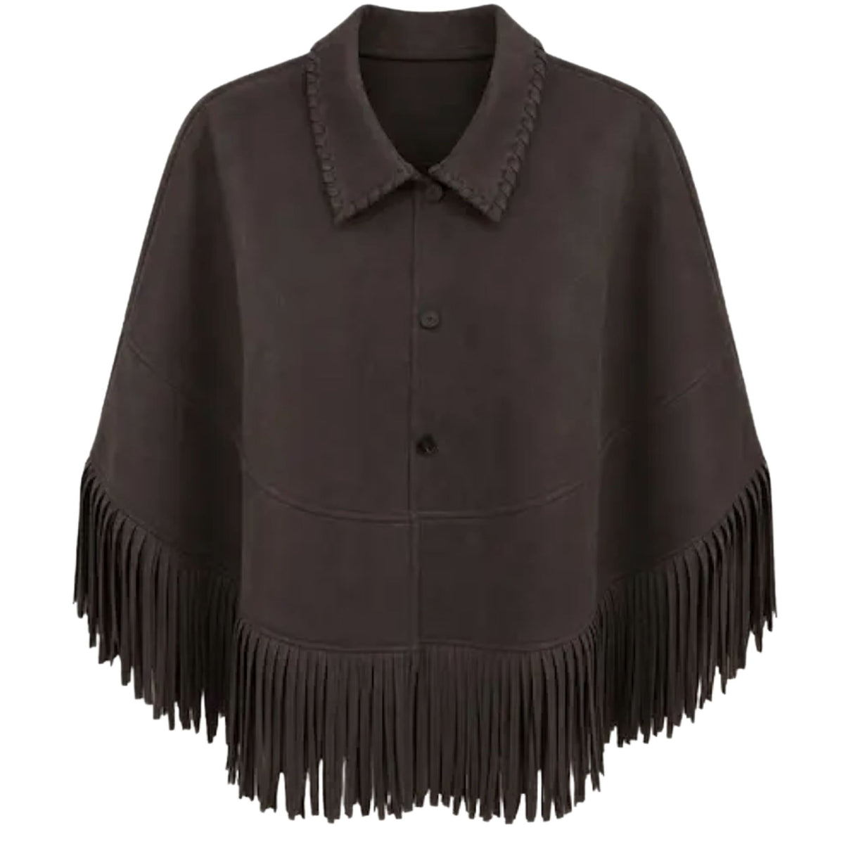 A dark brown suede cape jacket with a pointed collar, button front, and long fringe detailing along the hem and collar.