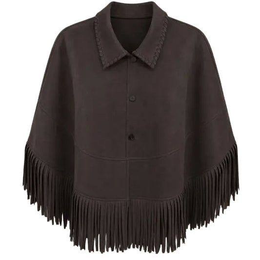 A dark brown suede cape jacket with a pointed collar, button front, and long fringe detailing along the hem and collar.