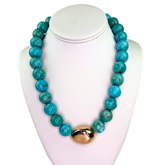 Chunky Marbled Bead Necklace with Gold Accent in turquoise