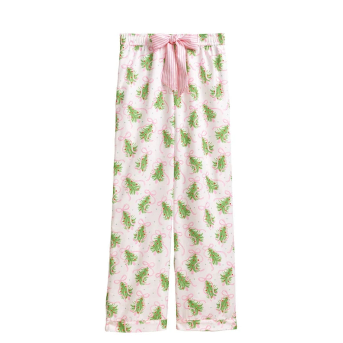 Close-up of ivory pajama pants printed with green Christmas trees and pink bows, with a pink striped tie at the waist.