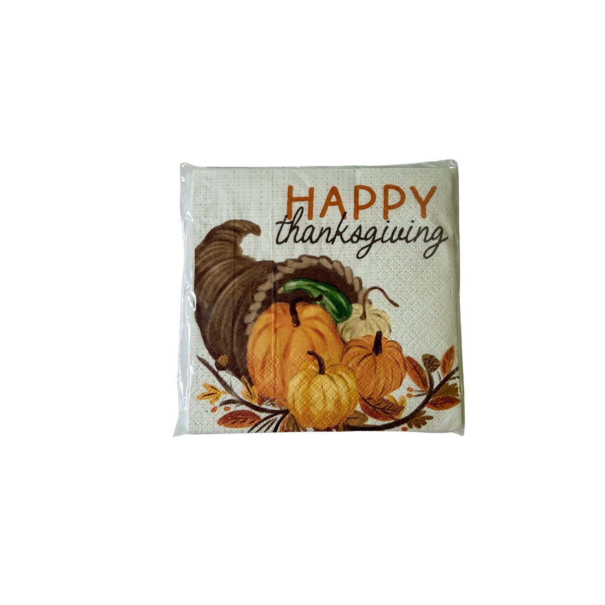 Cocktail napkin with a cornucopia of pumpkins and gourds and the words Happy Thanksgiving