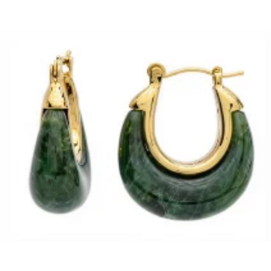 Dark jade-green marbled Swiss resin hoop earrings with a gold-tone accent at the top.