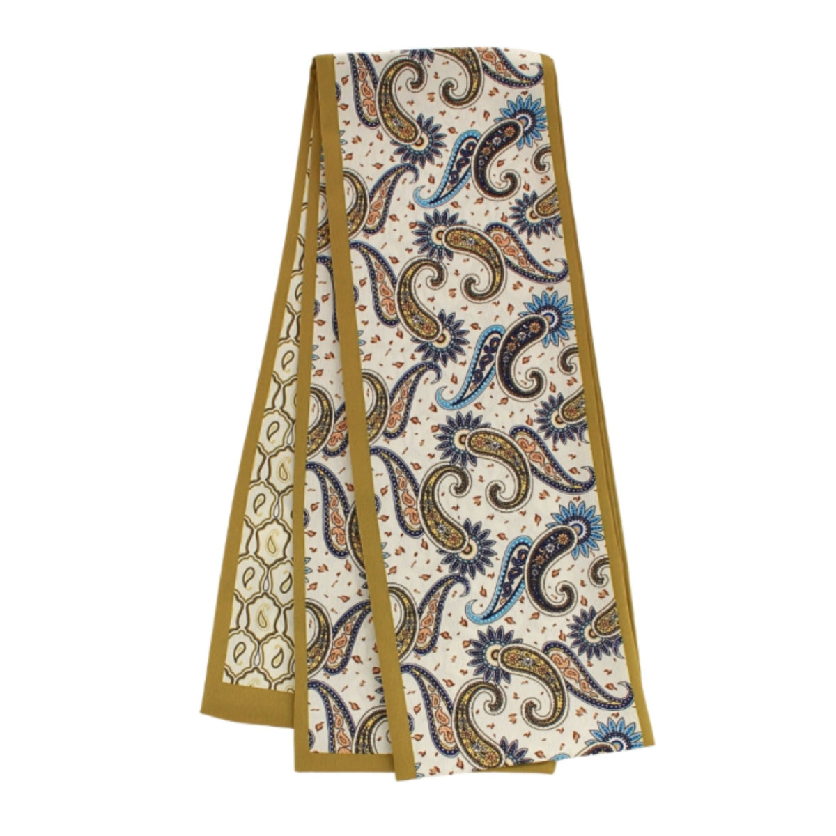 Folded scarf printed with blue, gold, and cream paisley