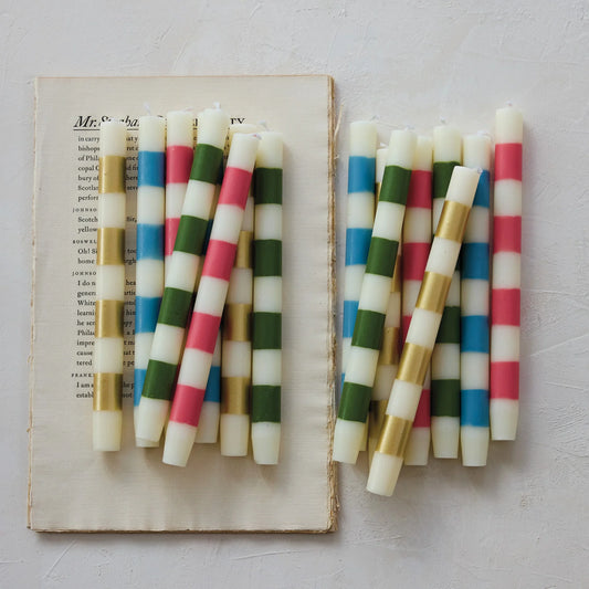 Unscented Taper Candles with Cream & Gold Stripes
