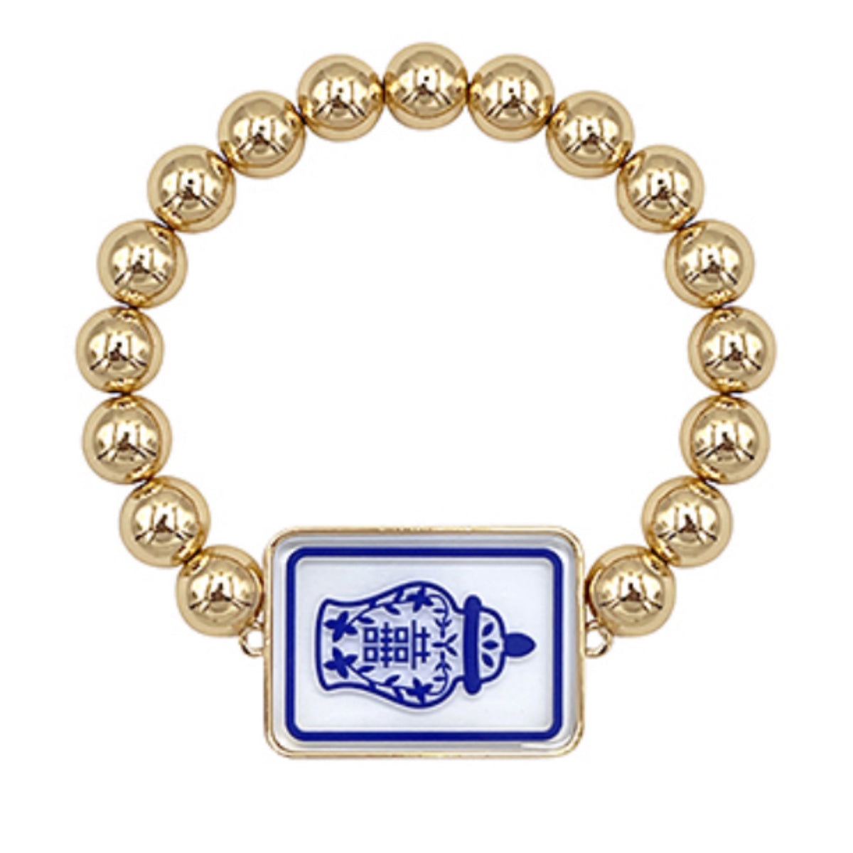 Gold bead bracelet with a rectangular white charm printed in blue