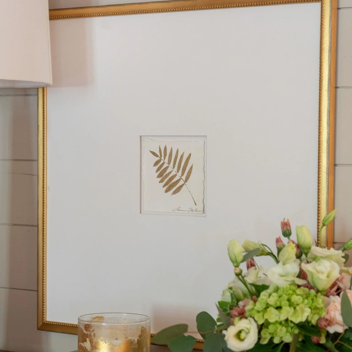 Gold Botanical Framed Art, large fern design, hand-painted original.