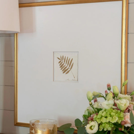 Gold Botanical Framed Art, large fern design, hand-painted original.