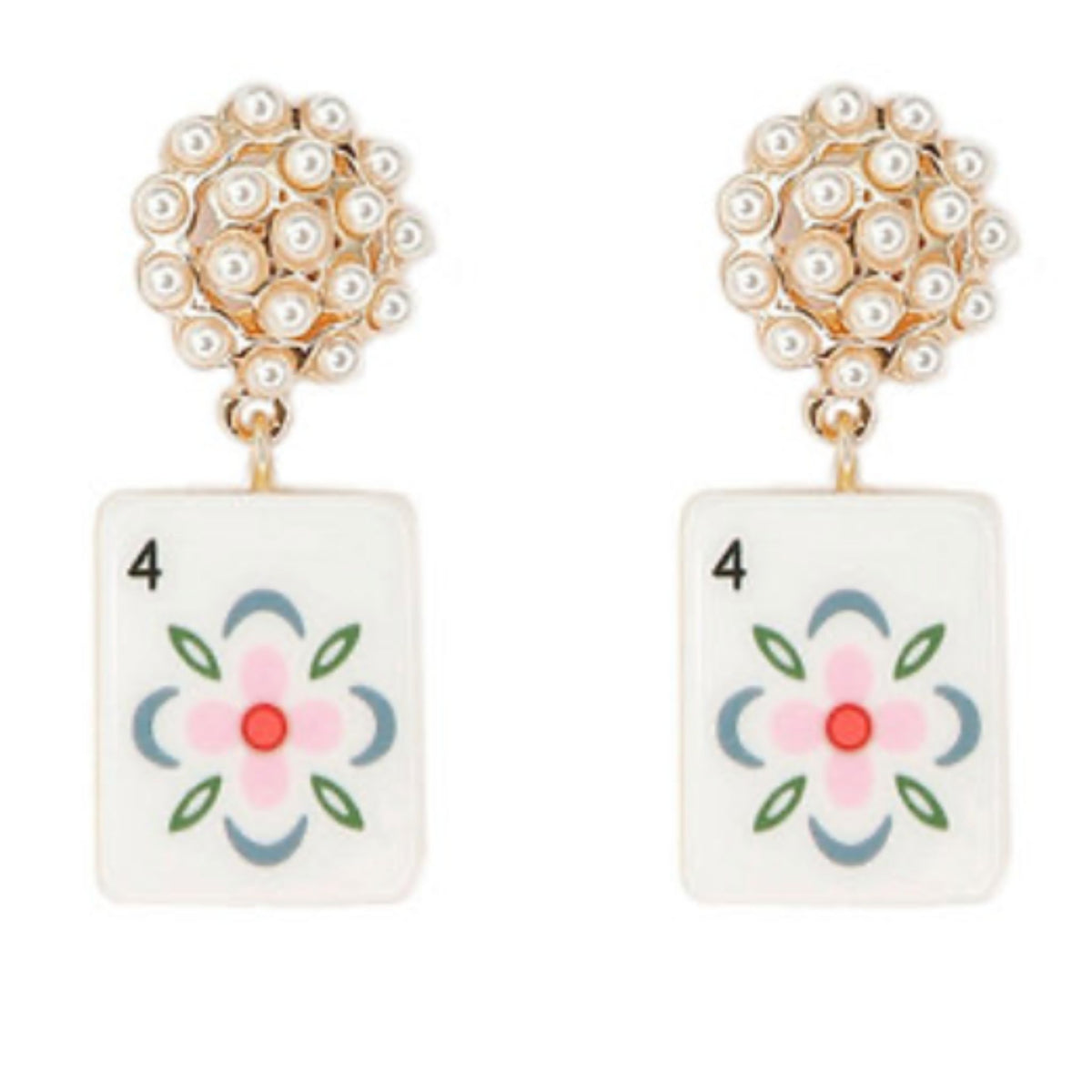 Gold earrings with pearl and crystal flower cluster tops and a white mahjong tile showing a pink flower