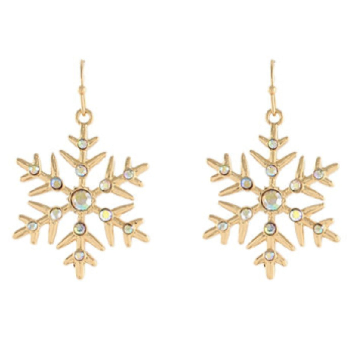 Gold-tone snowflake dangle earrings with clear crystal accents.