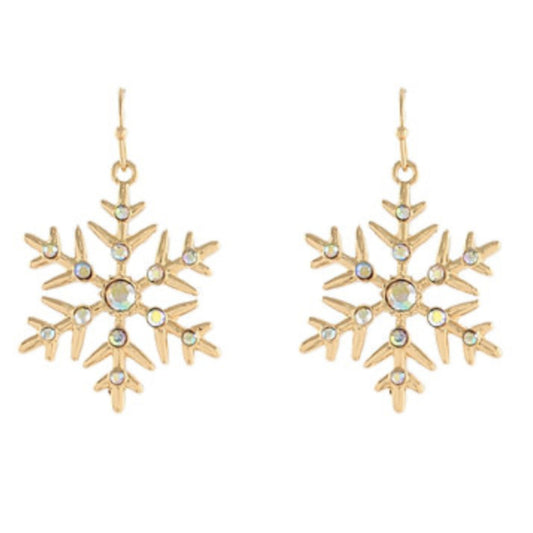Gold-tone snowflake dangle earrings with clear crystal accents.