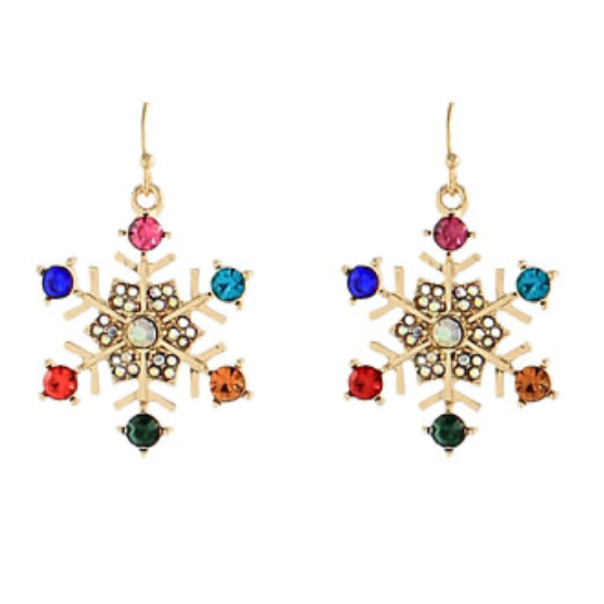 Gold-tone snowflake dangle earrings with pink, blue, red, orange, and green crystal accents.