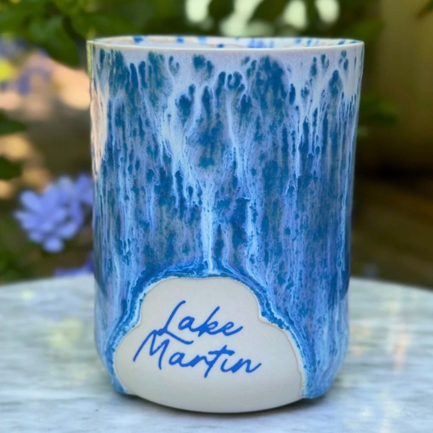 Handmade ceramic Grande cup, Lake Martin cobalt-and-white waterfall glaze