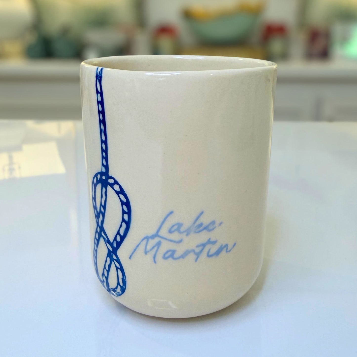 Handmade ceramic Grande cup, Lake Martin with hand-drawn nautical knot design