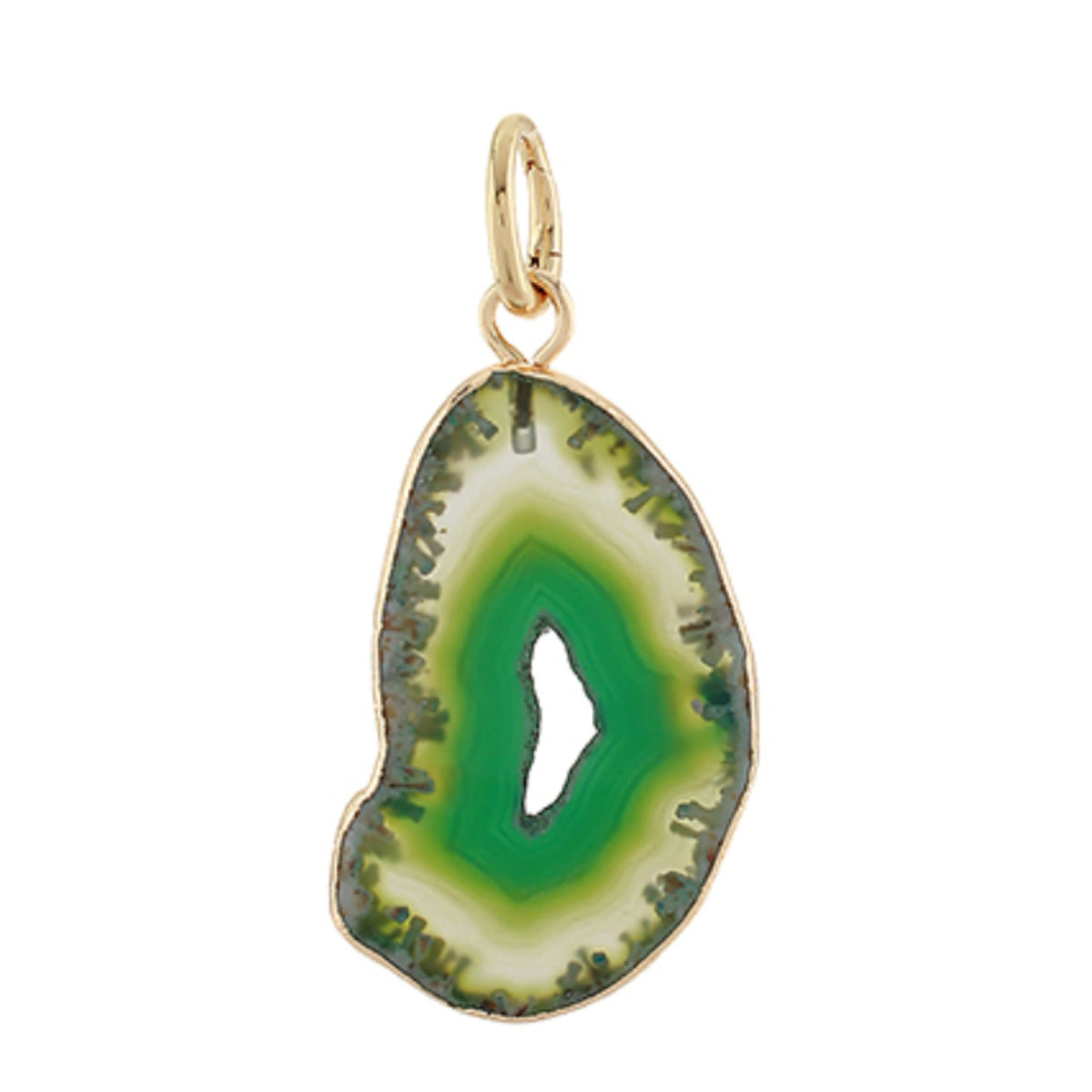 Green agate slice necklace charm with a gold hoop