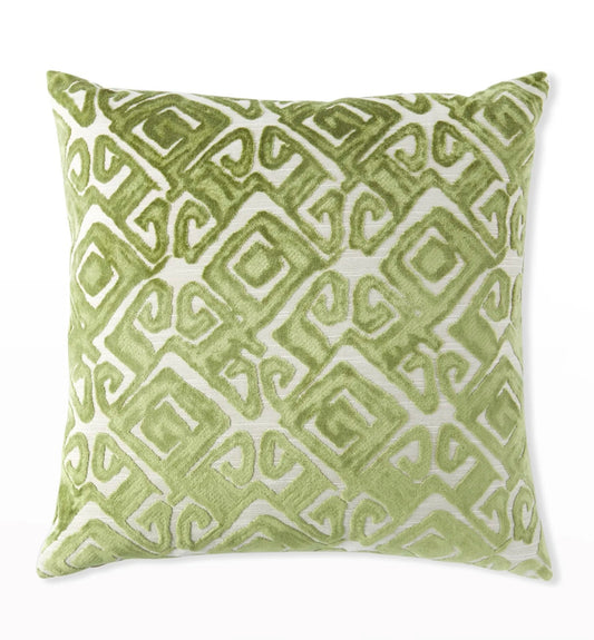 Green cut-velvet geometric print pillows with cream linen back, set of 2