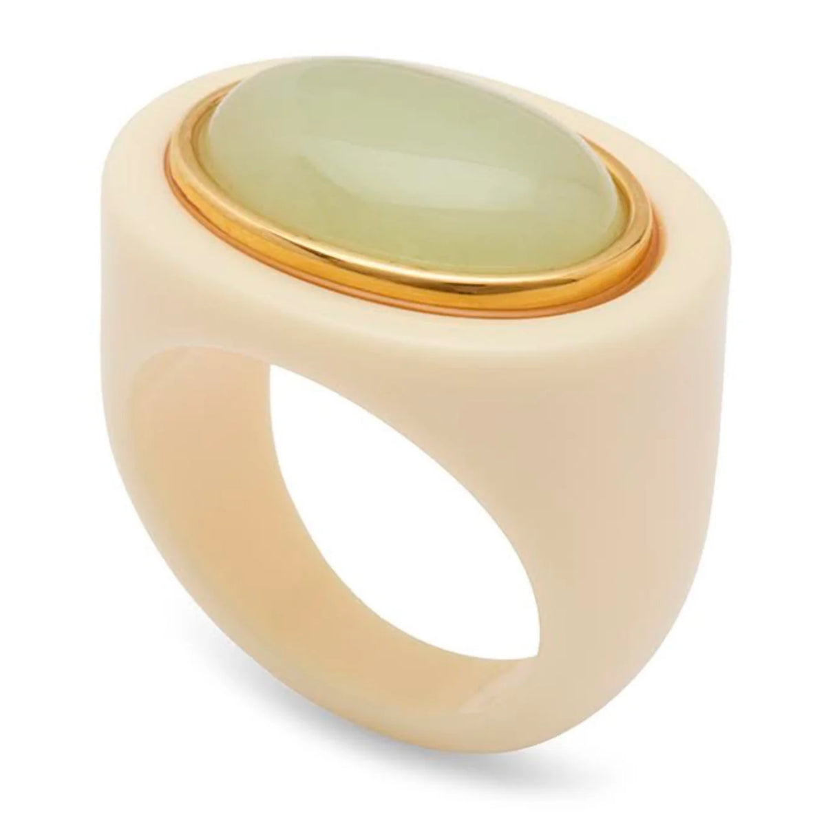 Ivory Swiss resin ring with a large oval aquamarine quartz stone in a gold-tone bezel.