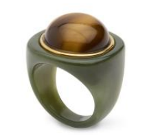 Jade green resin ring with a round tiger eye stone in a gold-tone bezel