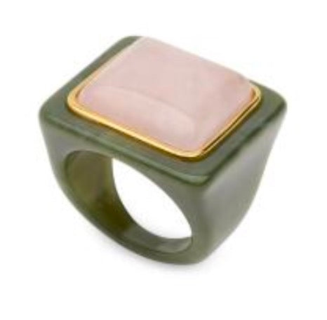 Jade green resin ring with a square pink crystal in a gold-tone bezel