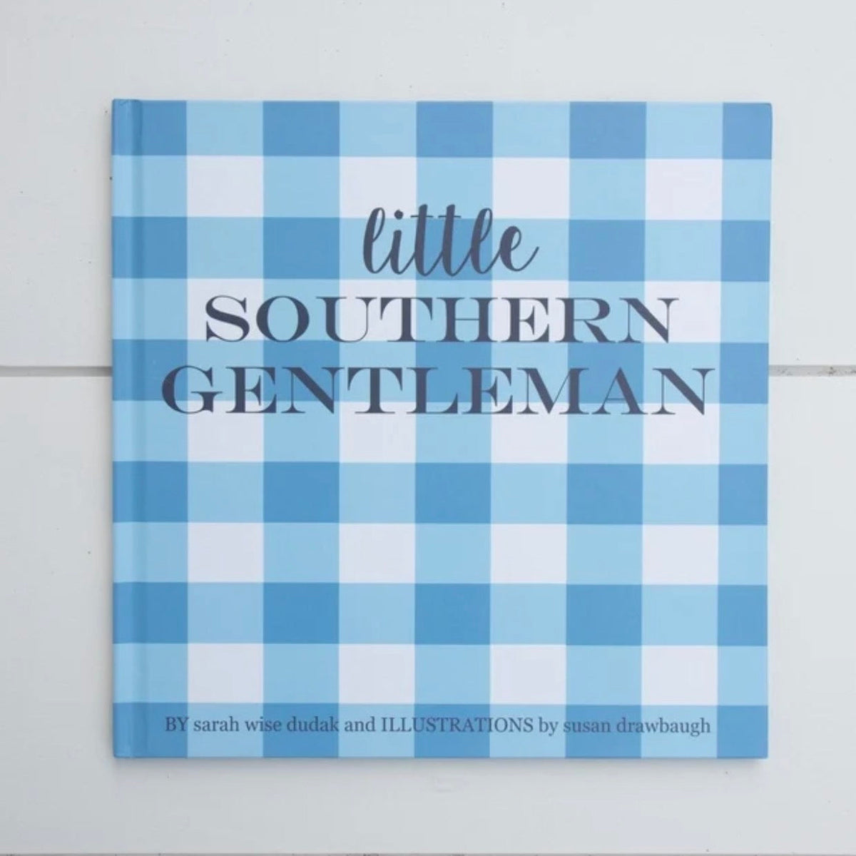 A square book cover with a light blue and white gingham check pattern, featuring the title 'little SOUTHERN GENTLEMAN' in dark gray text, displayed against a white wood-paneled background.
