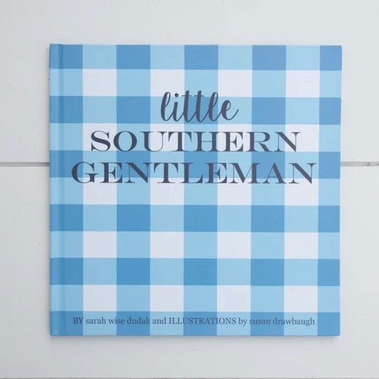 A square book cover with a light blue and white gingham check pattern, featuring the title 'little SOUTHERN GENTLEMAN' in dark gray text, displayed against a white wood-paneled background.