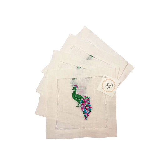 Mahjong embroidered cocktail napkins, peacock design