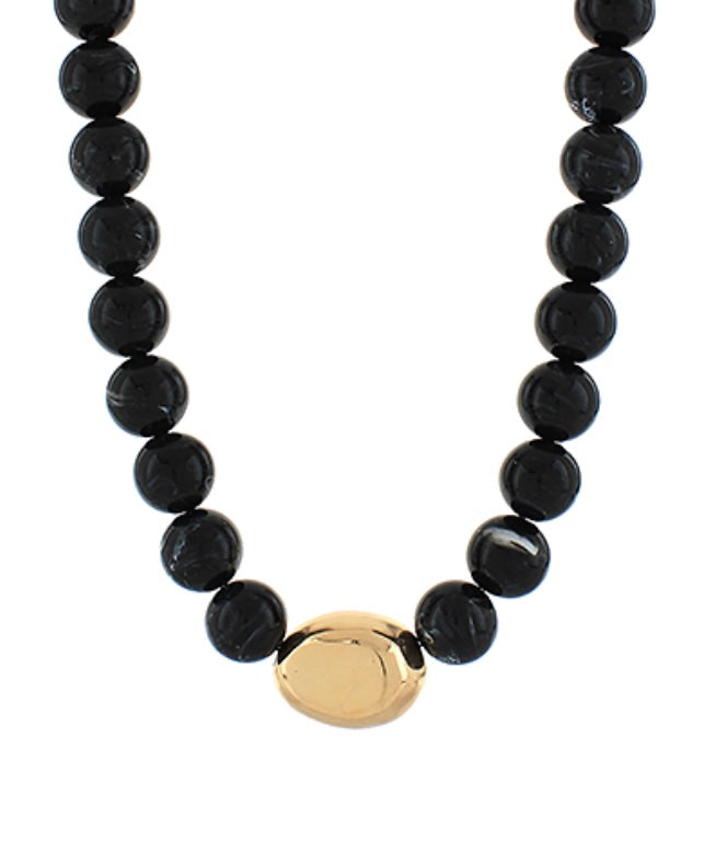 Chunky Marbled Bead Necklace with Gold Accent in black