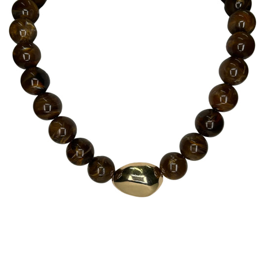 Chunky Marbled Bead Necklace with Gold Accent in brown