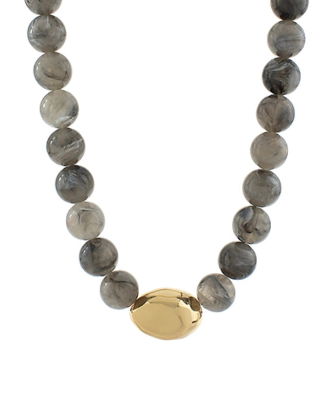 Chunky Marbled Bead Necklace with Gold Accent in gray