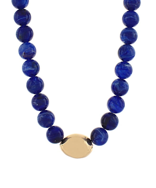 Chunky Marbled Bead Necklace with Gold Accent in navy
