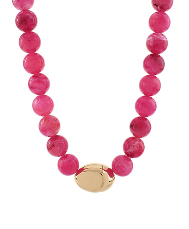 Chunky Marbled Bead Necklace with Gold Accent in pink