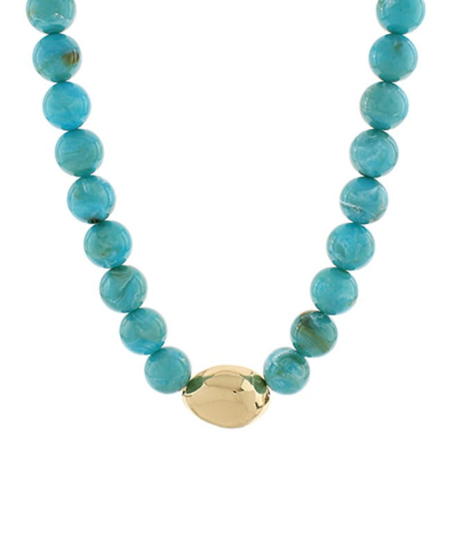 Chunky Marbled Bead Necklace with Gold Accent in turquoise, alternate angle