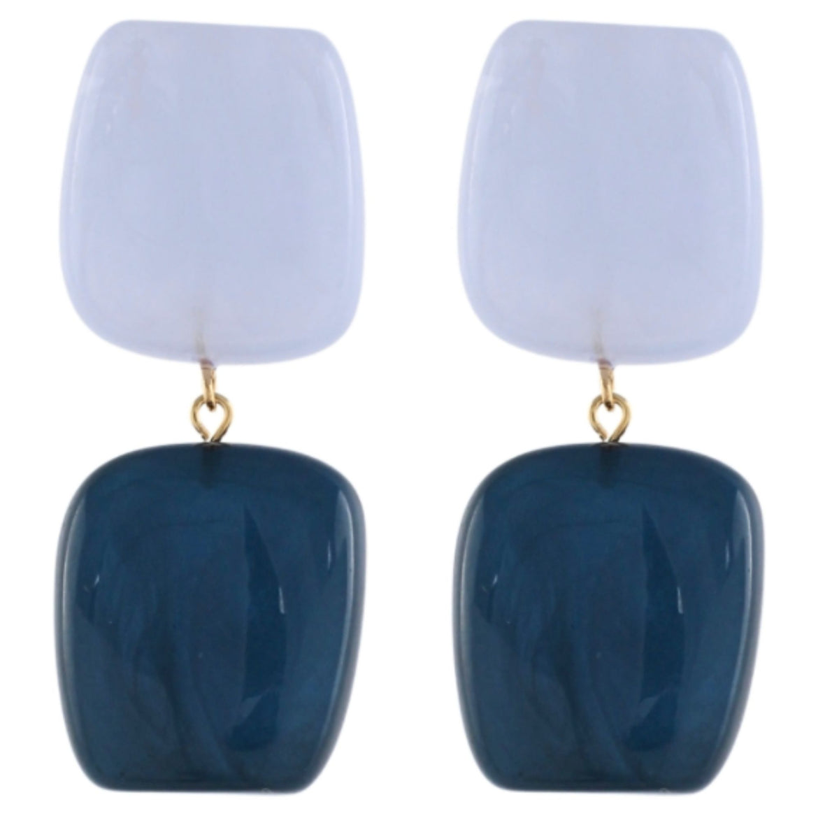 Marbled resin dangle earrings with a pale blue square on top and a deep teal-blue square below.