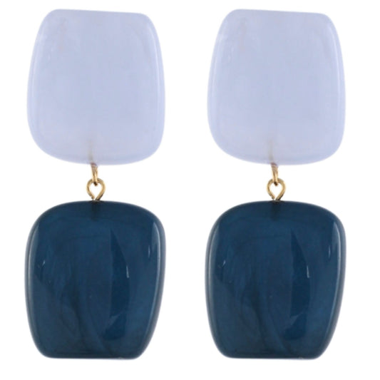 Marbled resin dangle earrings with a pale blue square on top and a deep teal-blue square below.