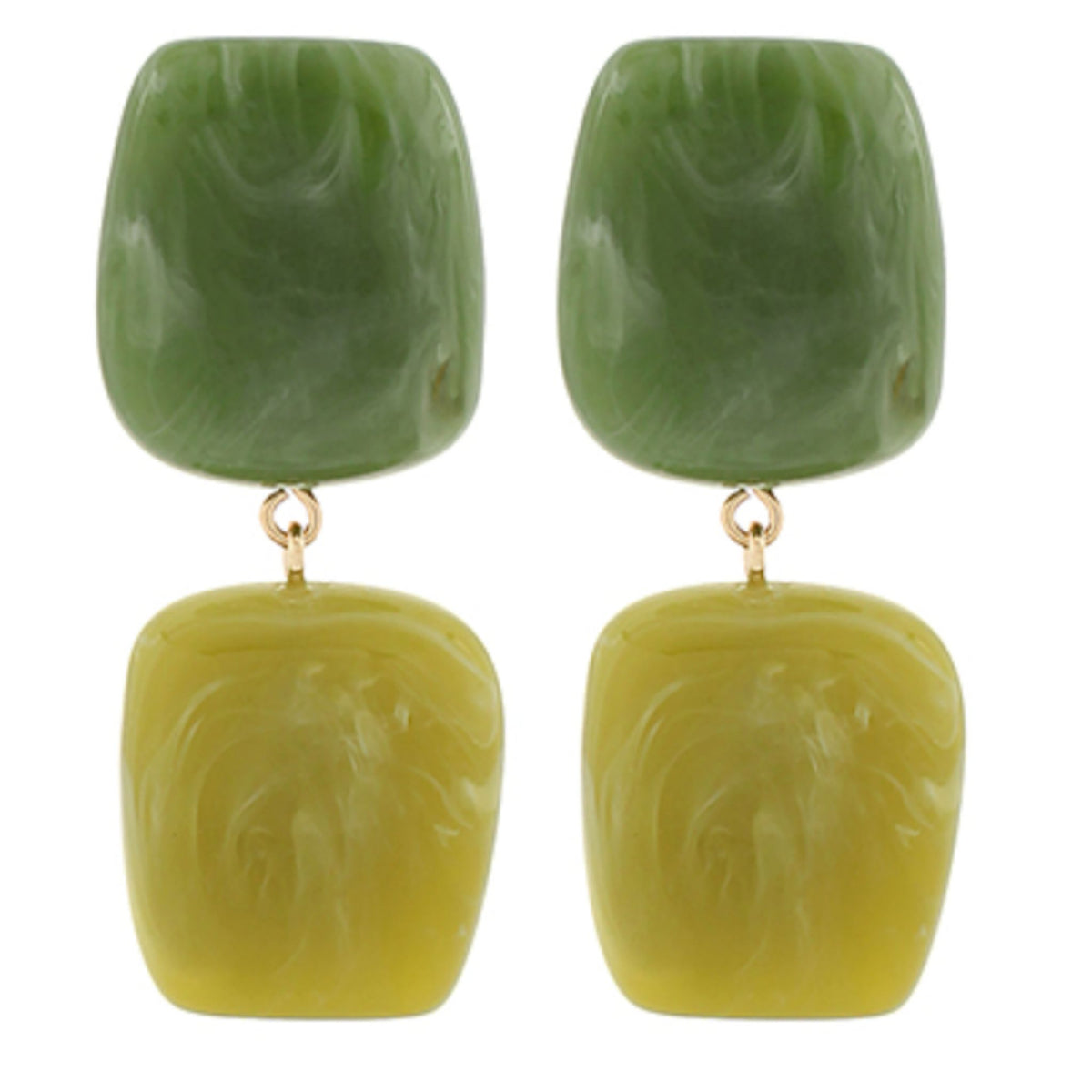 Marbled resin dangle earrings with an olive green square on top and a chartreuse square below.