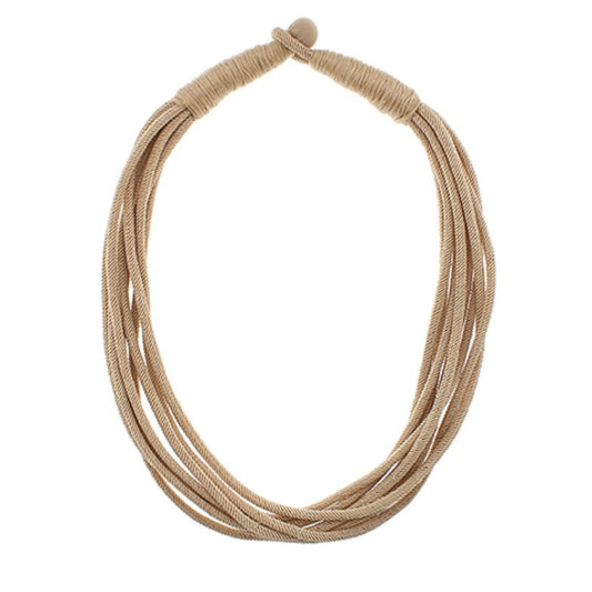 A multi-strand woven rope necklace in a natural tan color, displayed against a solid white background.