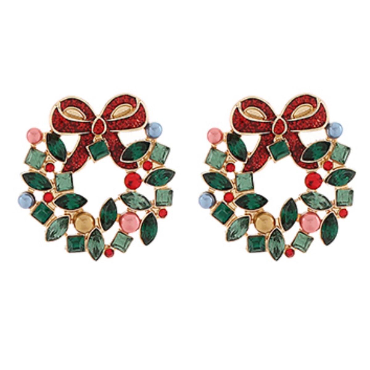 A pair of gold-tone Christmas wreath earrings with green marquise and square stones, a red glitter bow, and small pink, blue, and gold accent stones.