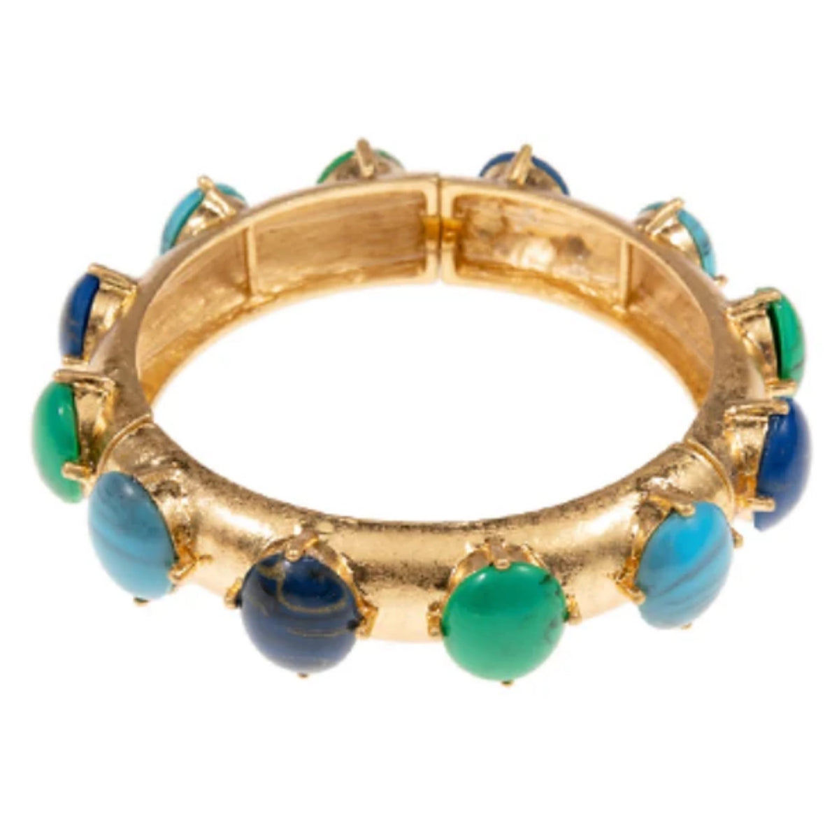 A gold-tone bangle bracelet studded with oval cabochon stones in turquoise, green, and navy blue.