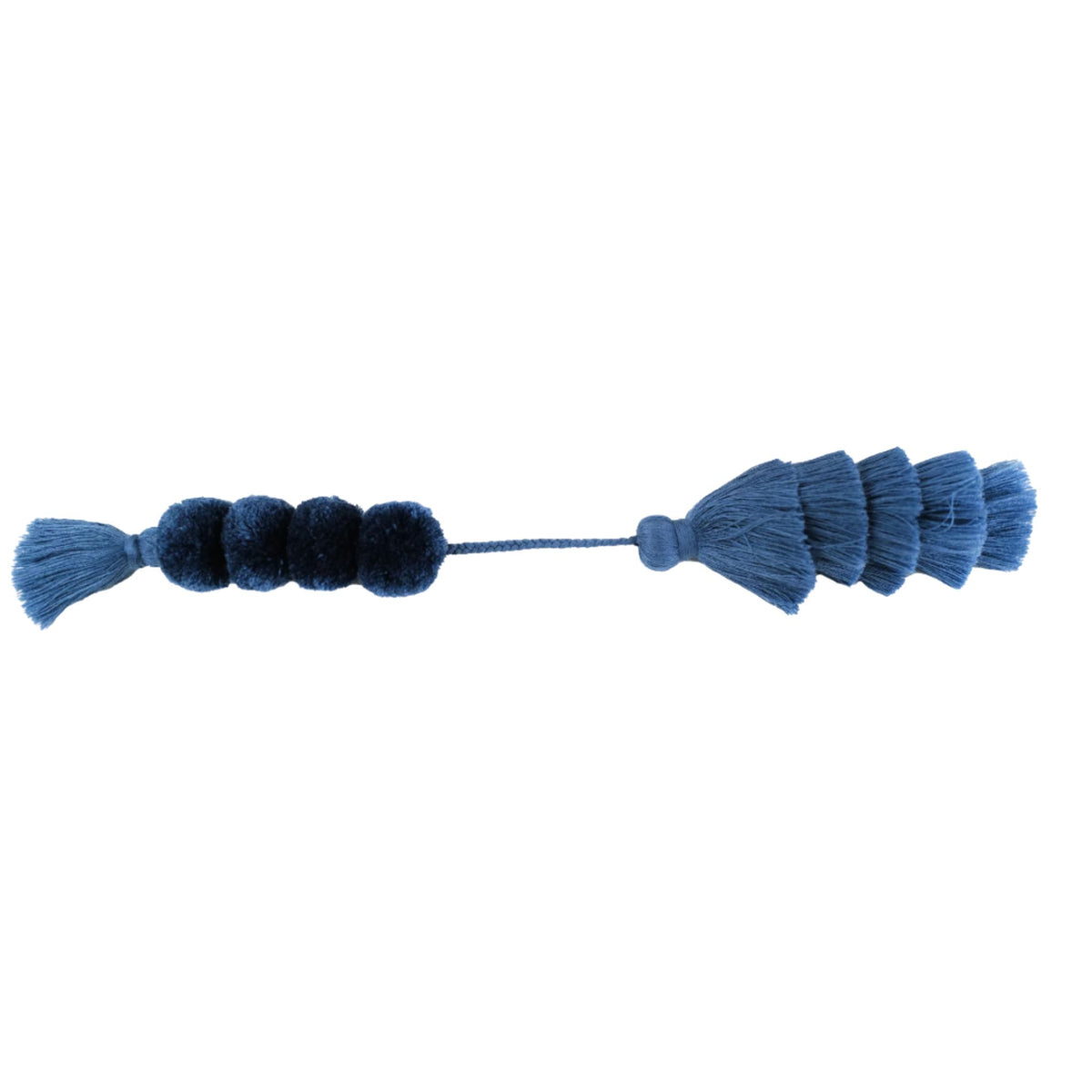 A navy pom-pom charm with a row of stacked yarn pom-poms and a fringed tassel at each end.