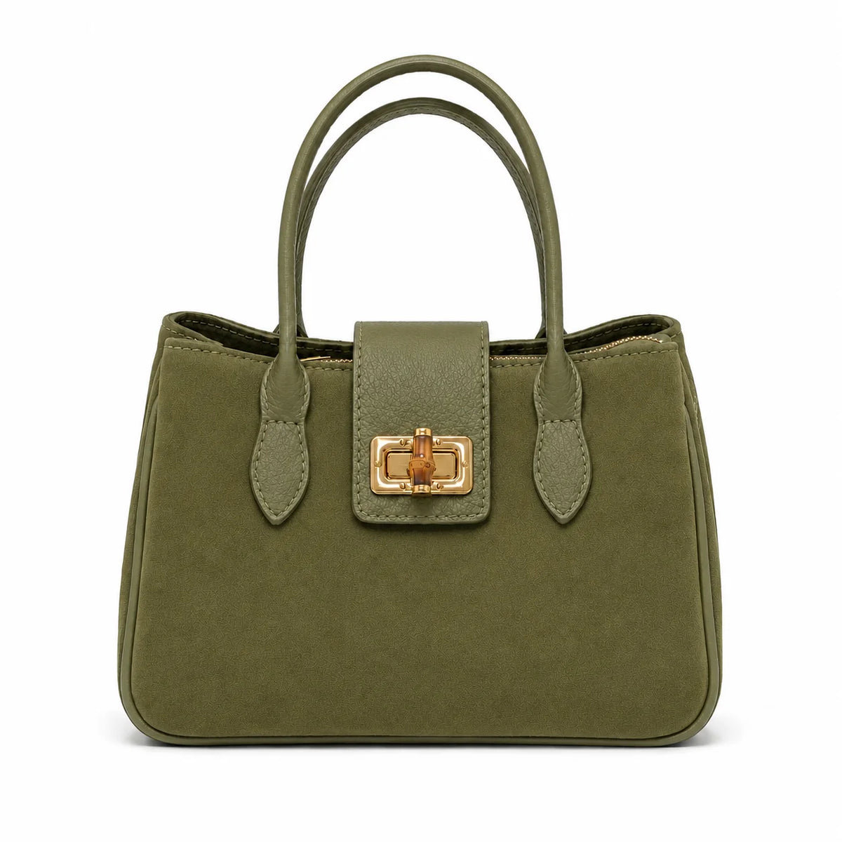 Olive green suede satchel with smooth leather trim, double top handles, and a gold-tone turn-lock closure on the front flap.