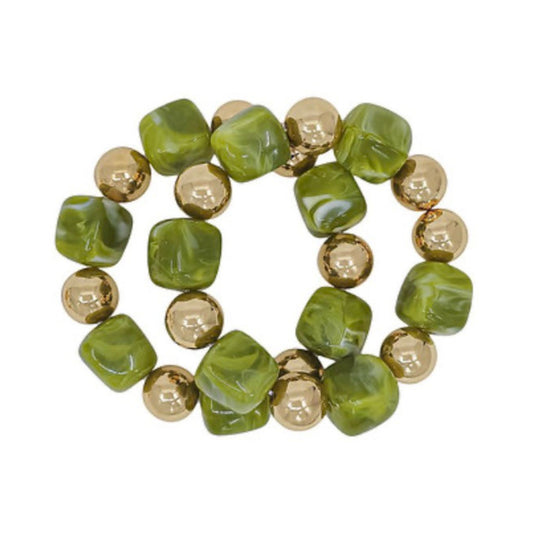 Olive & Gold Square Beaded Bracelet, square resin beads with gold CCB accents