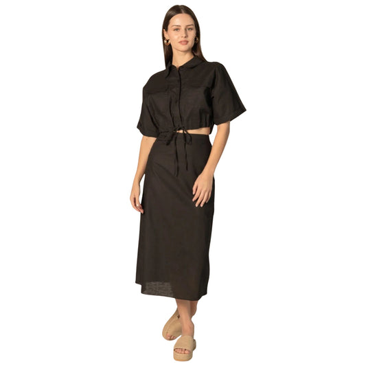 Black Linen Blend Top & Skirt Set, front view