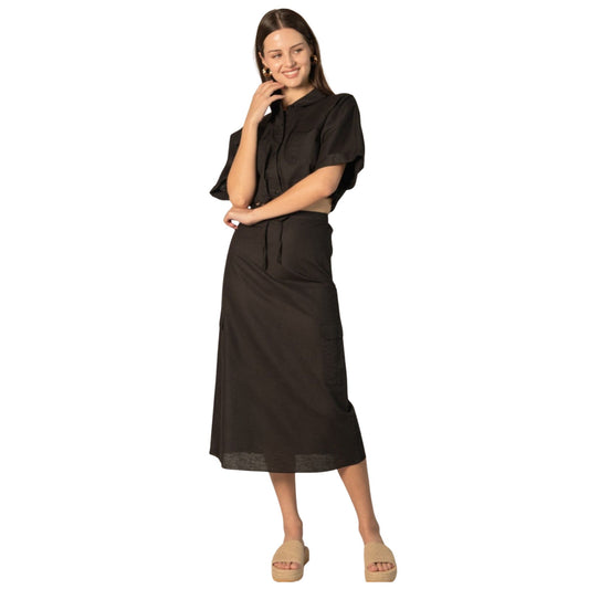 Black Linen Blend Top & Skirt Set, styled