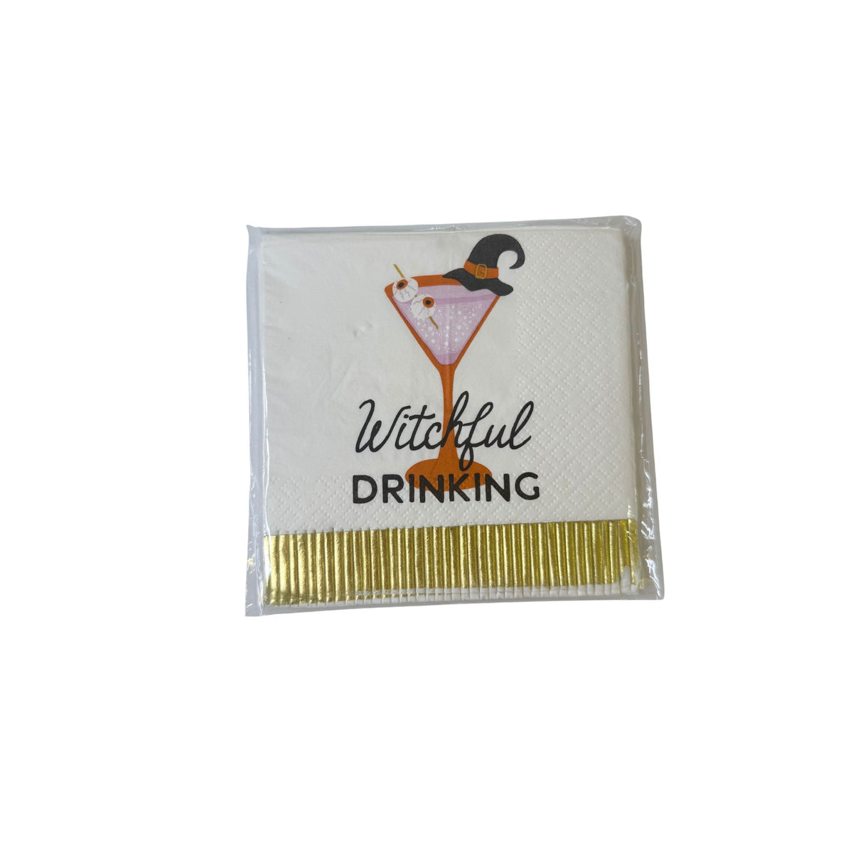 Pack of white cocktail napkins with a martini glass illustration and a gold foil edge