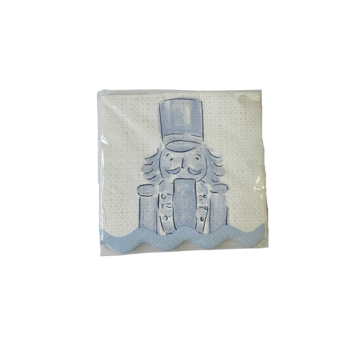 Pack of white cocktail napkins with a pale blue nutcracker illustration and a gold foil edge