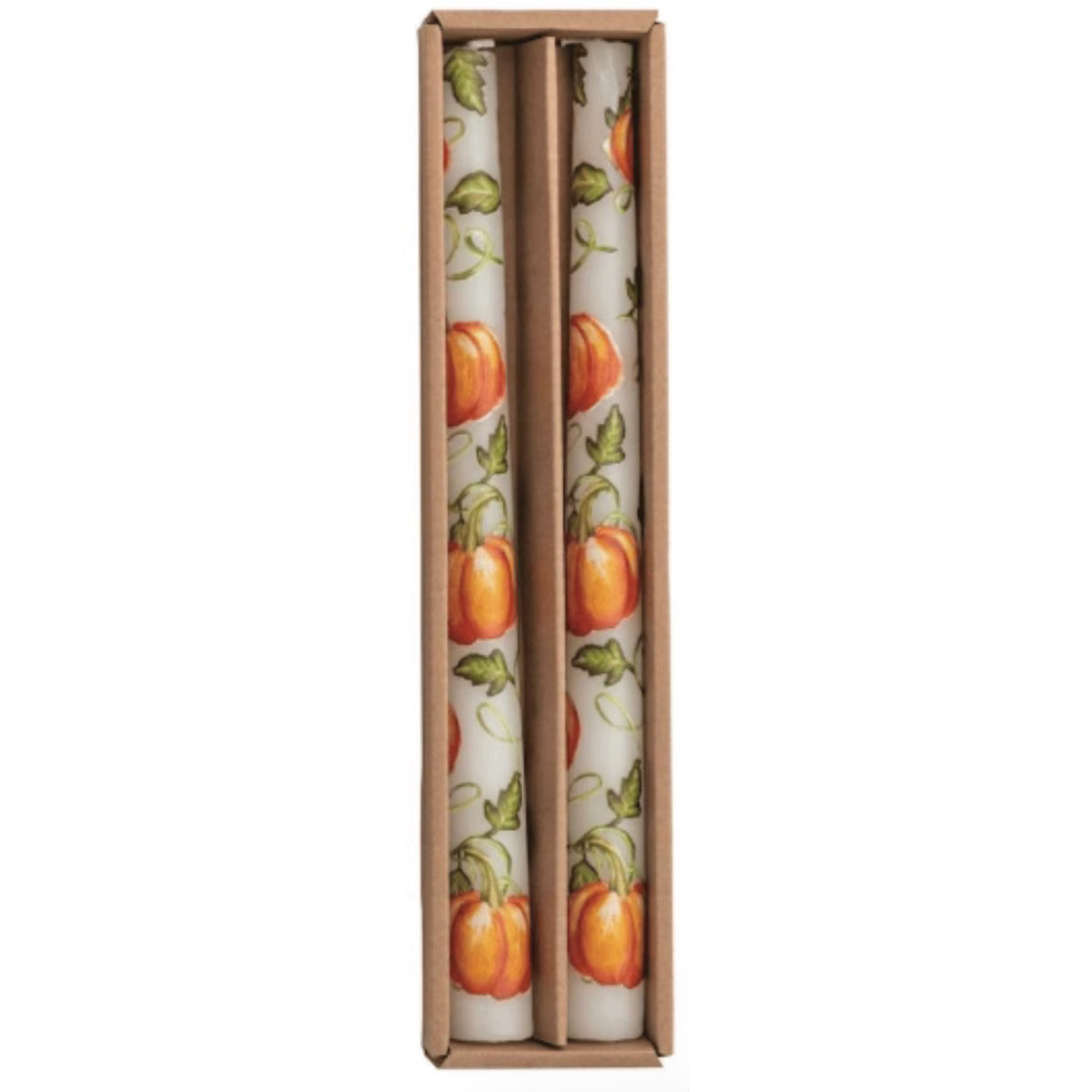 Pair of ivory taper candles printed with orange pumpkins and autumn leaves in a gift box